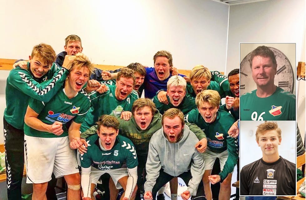 Opprykk: Her feirer Skades herrelag en seier i opprykkssesongen 2019. Innfelt ser vi Svein Ove Kåsa og Even Tinnesand. 