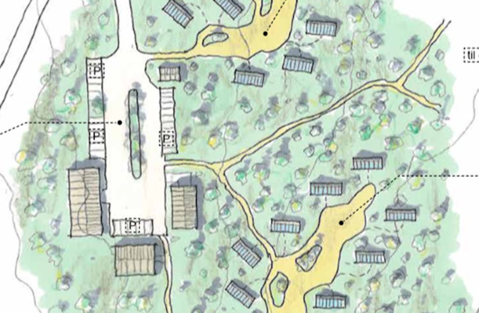 Denne skissen fra prosjektet Klimapositivt hytteliv på Lygna (Skaara Arkitekter) brukes som illustrasjon for planen ved Øvre Stavsjø. 