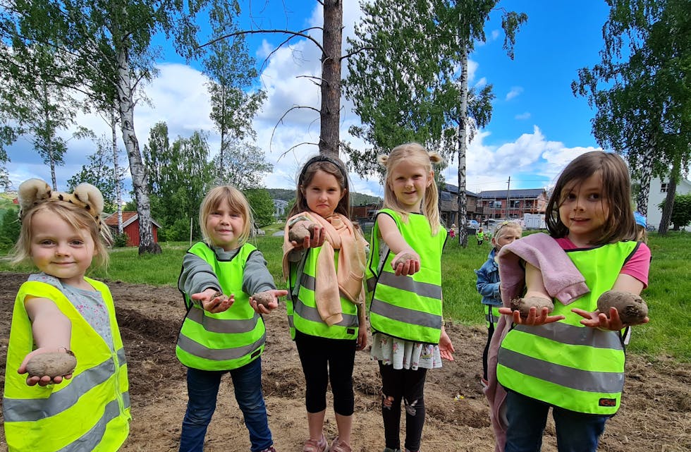 Settepoteter: Barna fra Sluseparken barnehage viser stolt frem potetene før de skal i jorda. Planen er at de skal være med å ta dem opp igjen til høsten.