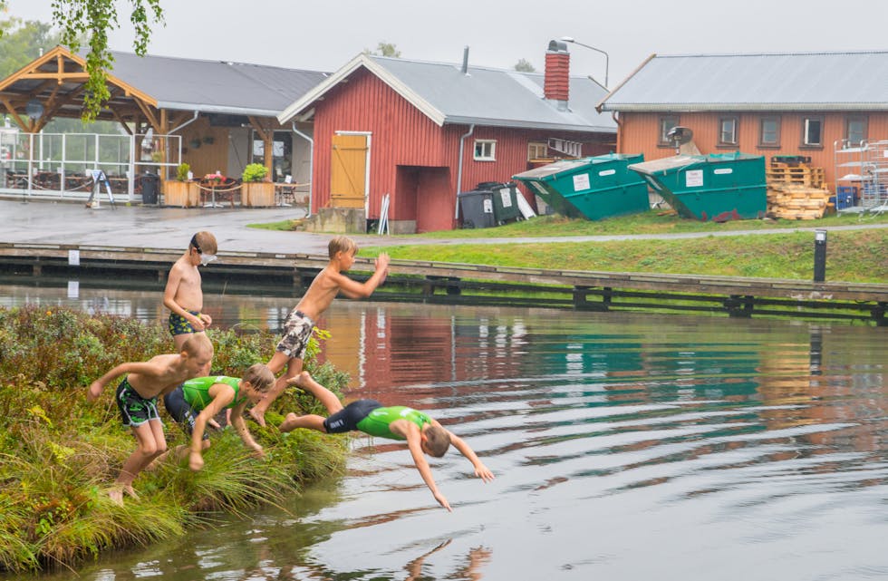 Denne gjengen trener til neste helgs triatlon ved Lunde sluse. Her stuper de i vannet for fotografen, men neste lørdag er det "alvor". 