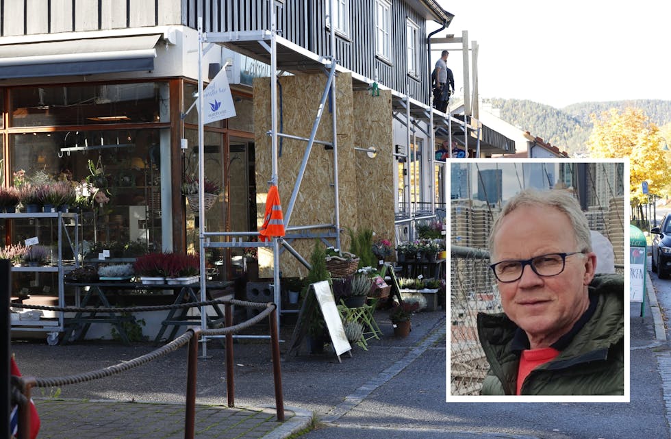 Huseier Magne Bjerva (innfelt) håper å bidra til at ny aktivitet kan overta etter Leikvoll blomster i forretningsbygget, midt i Lunde sentrum.