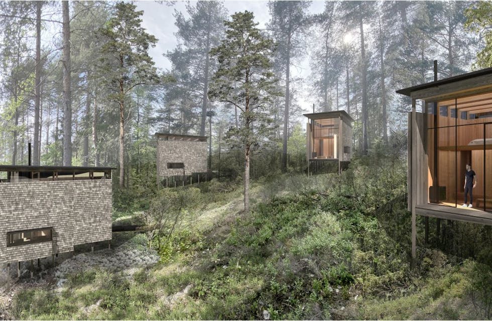 Slik kan skogshotellet i Tveitankroken bli seende ut. Flere slike hytter er planlagt, med totalt cirka 20 overnattingsplasser. Skissene er utarbeidet av Oslo Works og viser mulig utforming. 