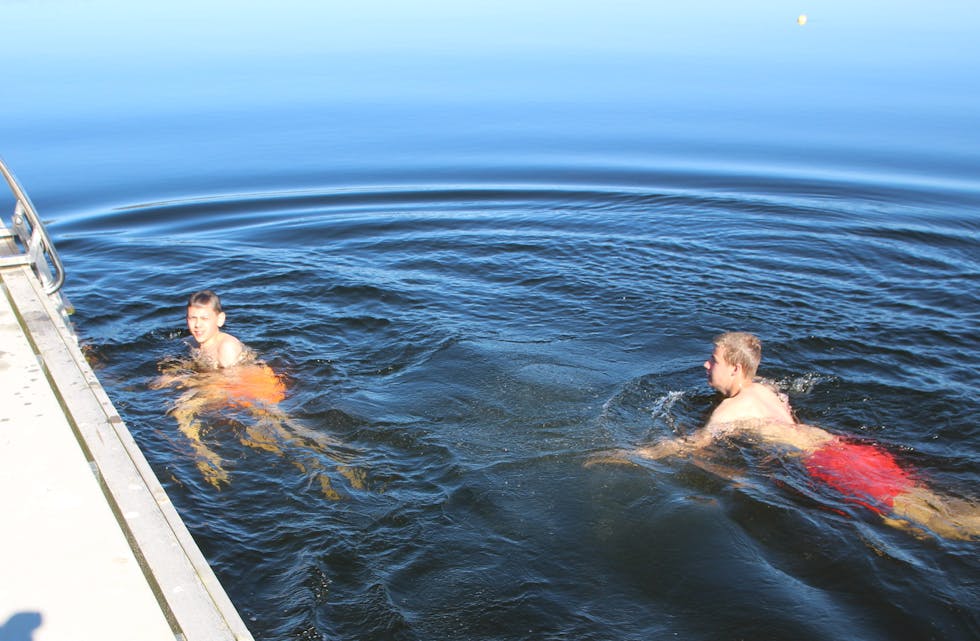 Håvard og Johannsen tar ett par svømmetak, før de forter seg tilbake på land.