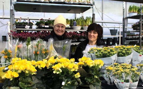 VELKOMMEN: Anne Fiskeodde og Yveta er noen av de ansatte som ønsker deg velkommen på Leikvoll gartneri, som så smått har åpnet dørene for sesongen.